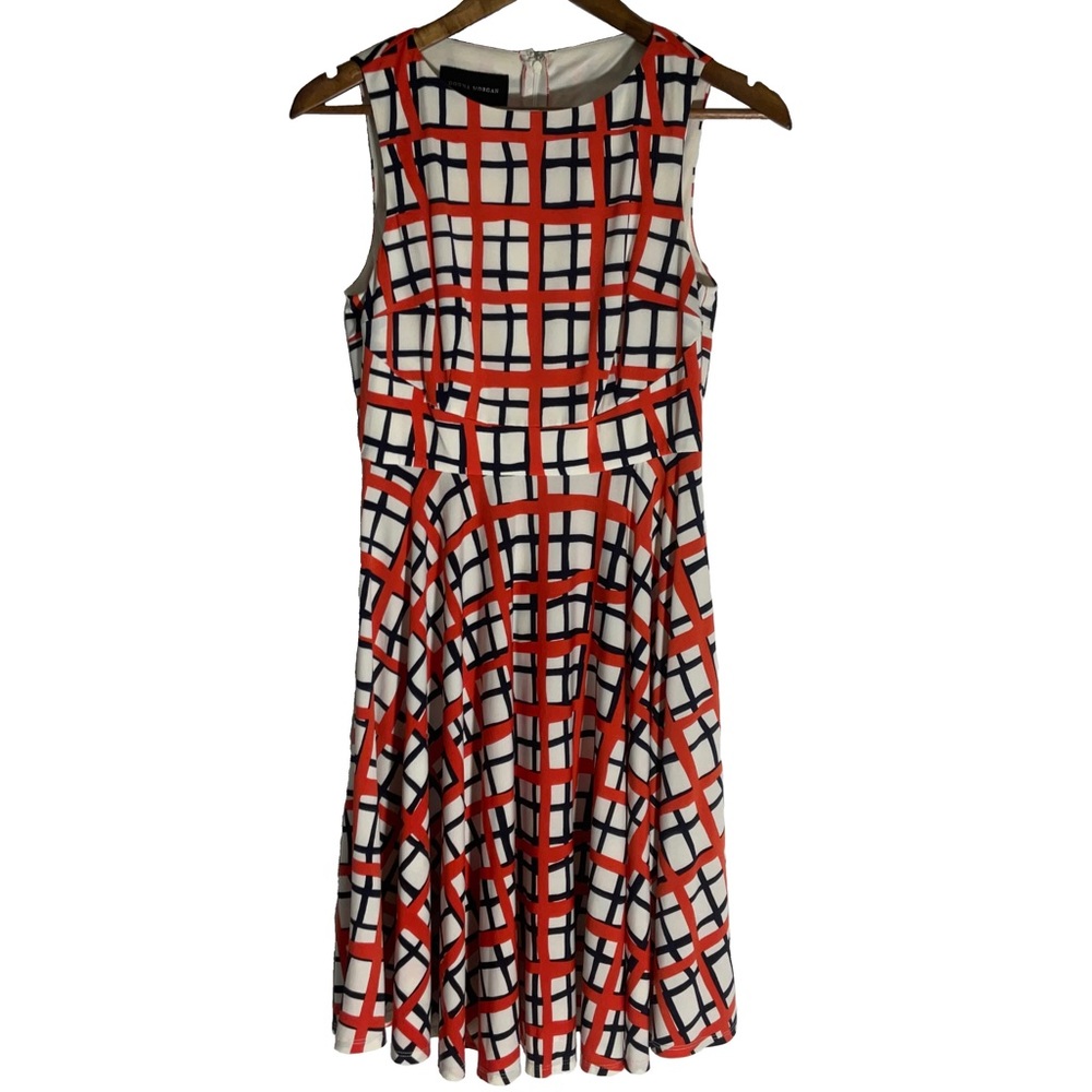Donna Morgan Summer White Orange Black Stripe Sleeveless Fit & Flare Dress Sz 2.